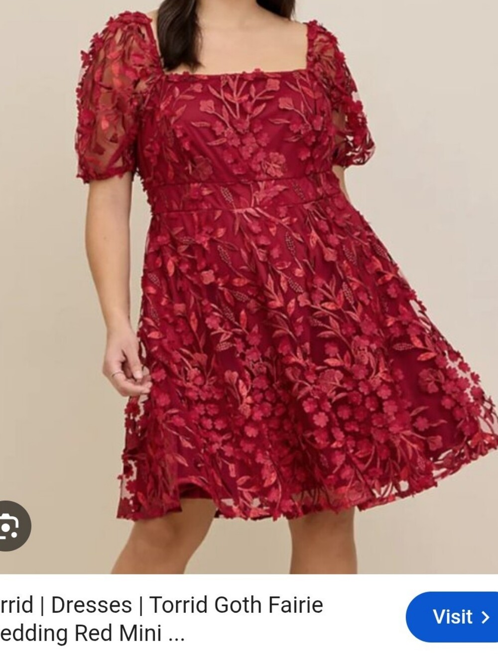 torrid Red Floral Lace Square-Neck Mini Dress with Puff Sleeves